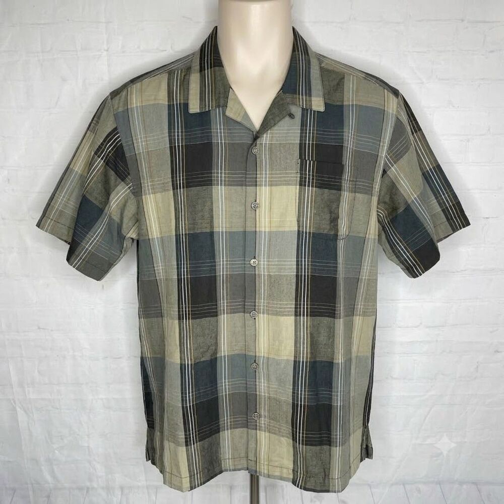 Tommy Bahama Silk Linen Button Up Shirt Mens Large Tan Plaid Short Sleeve Camp
